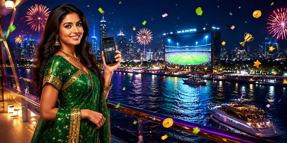 Indian woman in traditional dress enjoying cricket betting on mobile