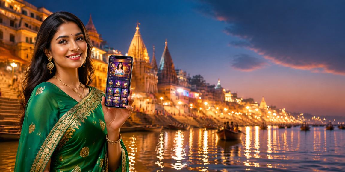 Indian woman playing mobile casino game on Ghat terrace, Varanasi